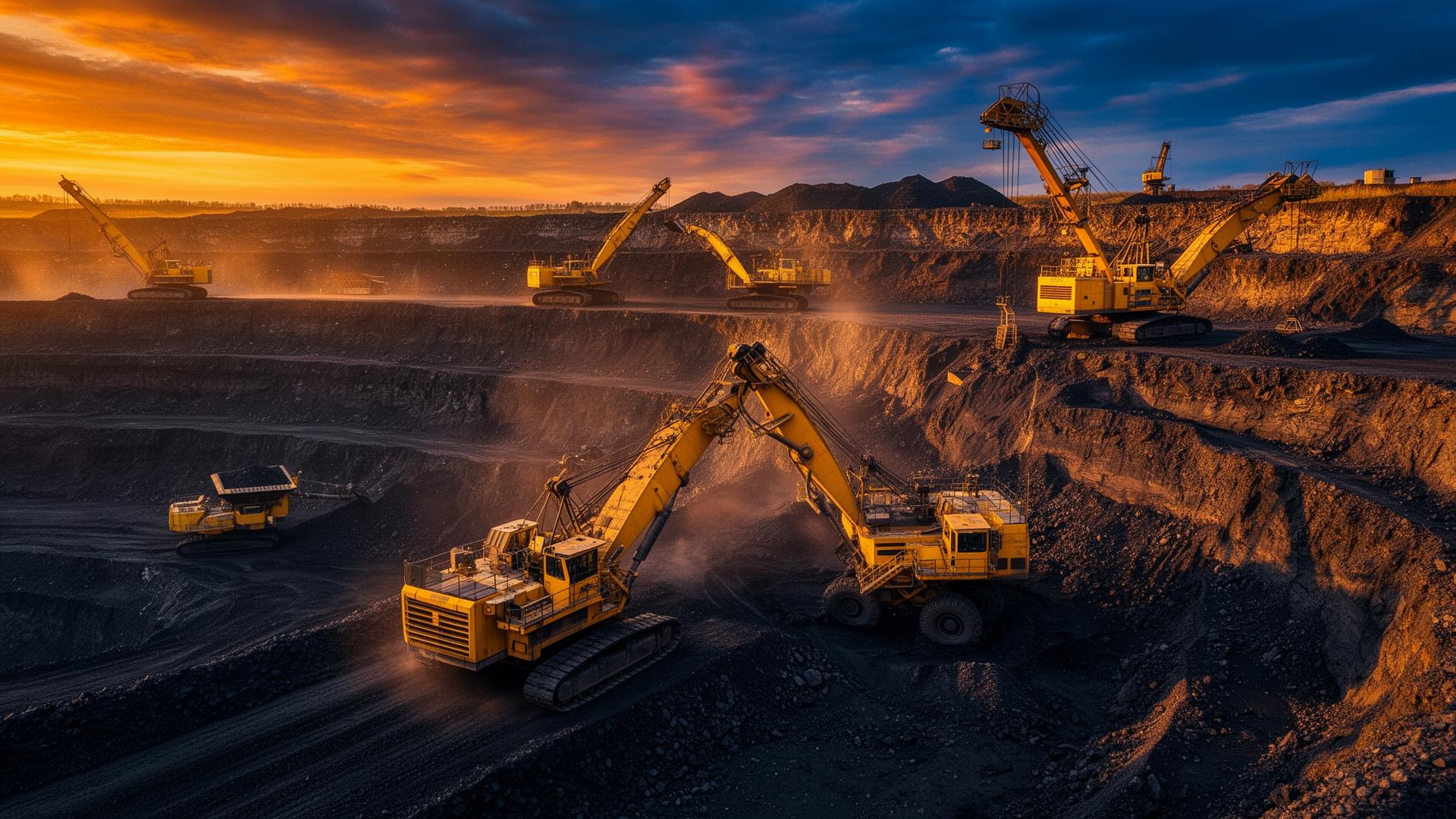 Open pit mining operation at sunset